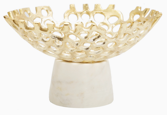 Gold Web Design Bowl On White Marble Base 9.5"