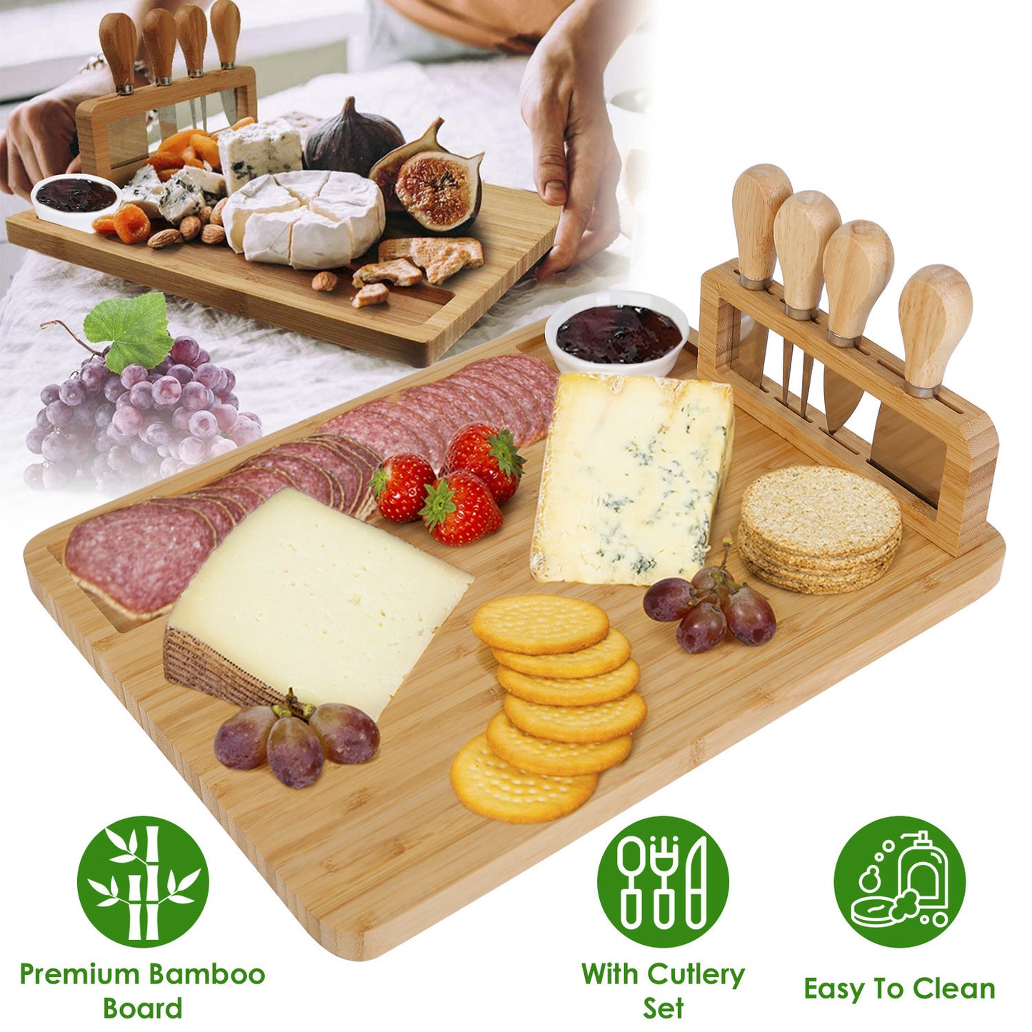 Bamboo Cheese Board Charcuterie Cheese Platter Board Serving Tray with Cutlery