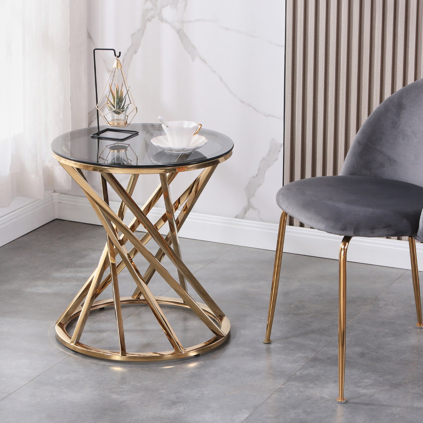 Round Black Grey Tempered Glass Side Table