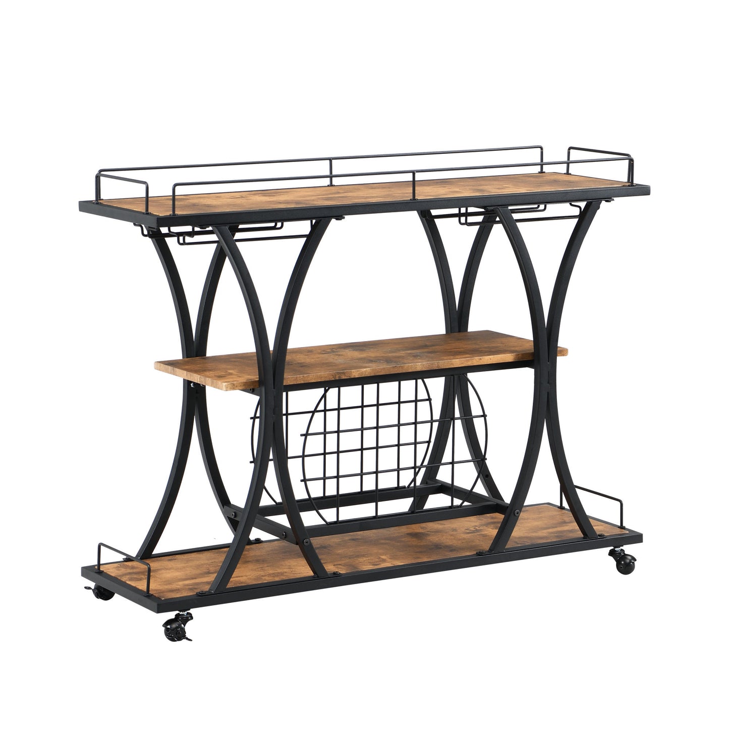 Industrial Black Bar Cart With Wine Rack and Glass Holder