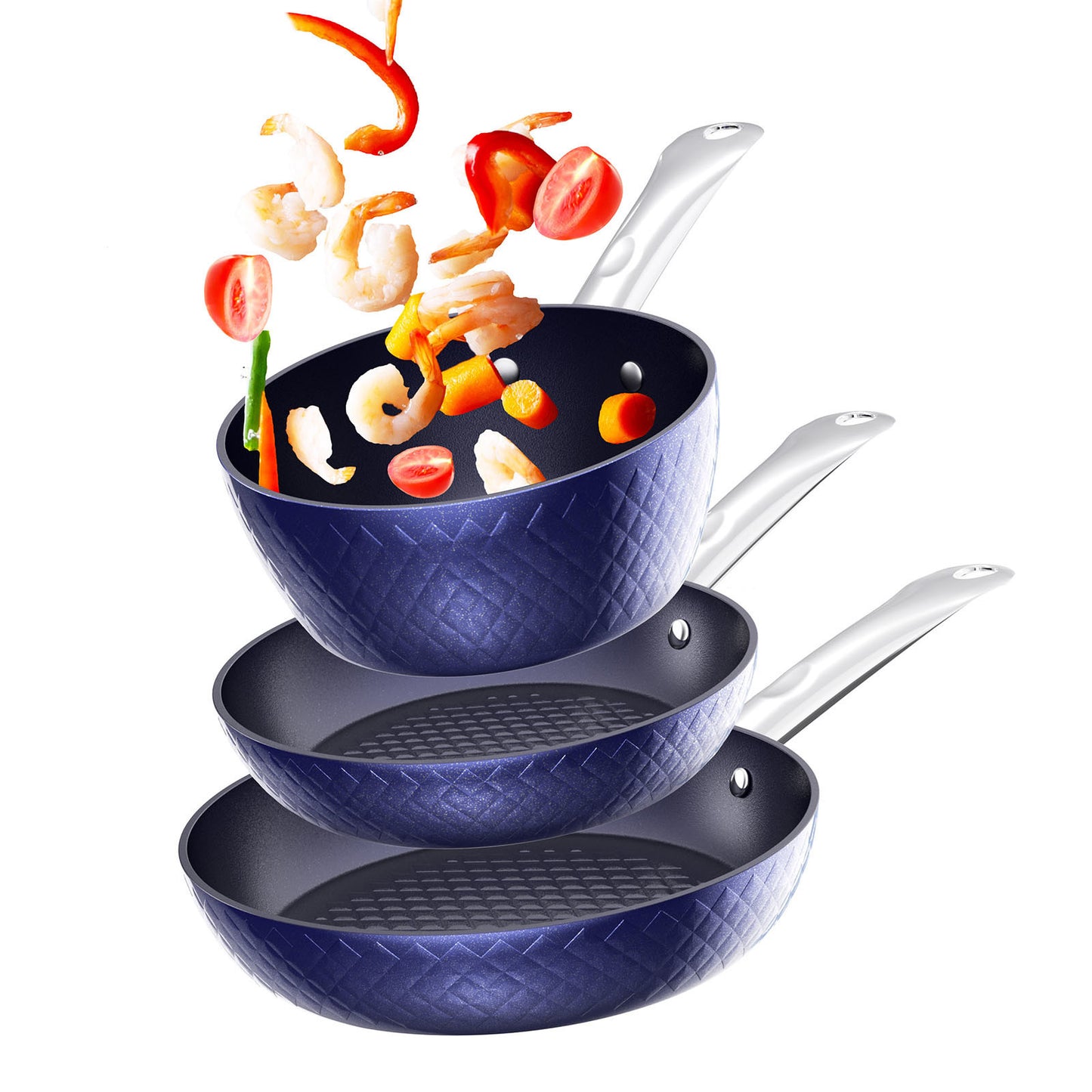 Frying Pan Sets Non Stick 3Pcs, Blue 3D Diamond Cookware
