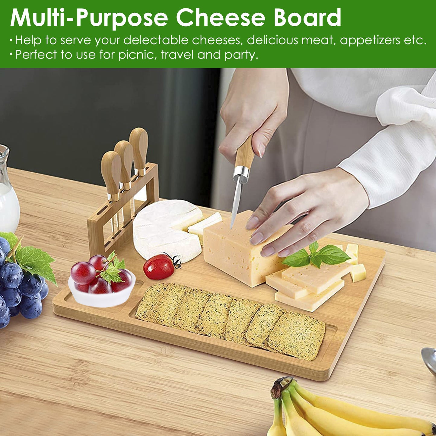 Bamboo Cheese Board Charcuterie Cheese Platter Board Serving Tray with Cutlery