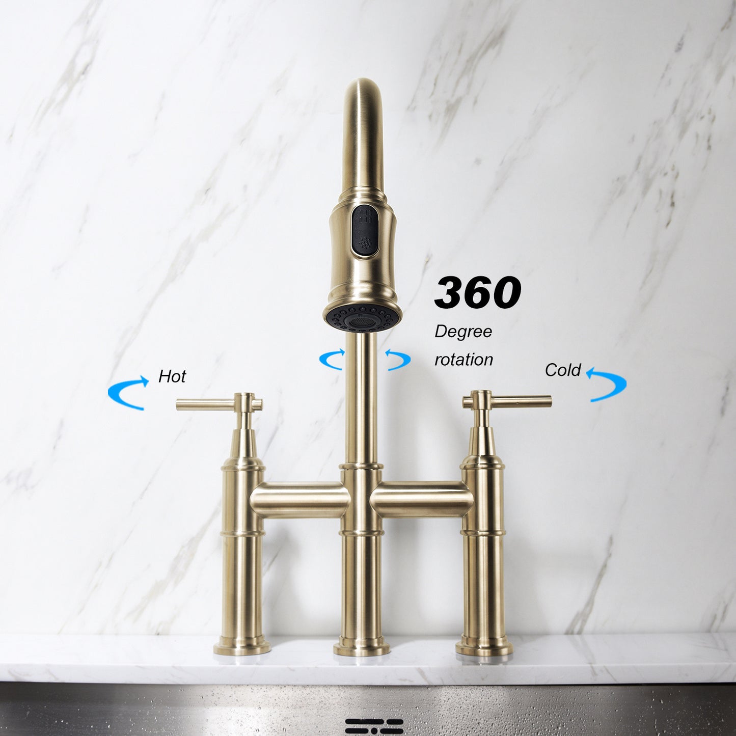 Bridge Kitchen Faucet with Sprayer, Brass