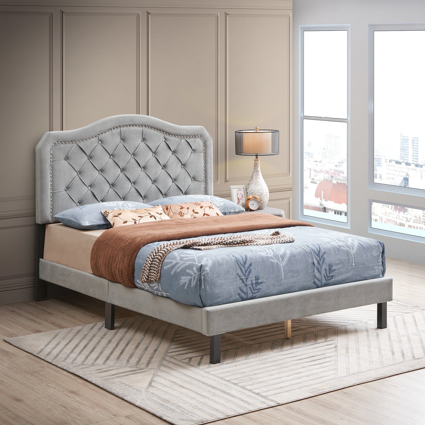 Upholstered Button Tufted Bed, Grey