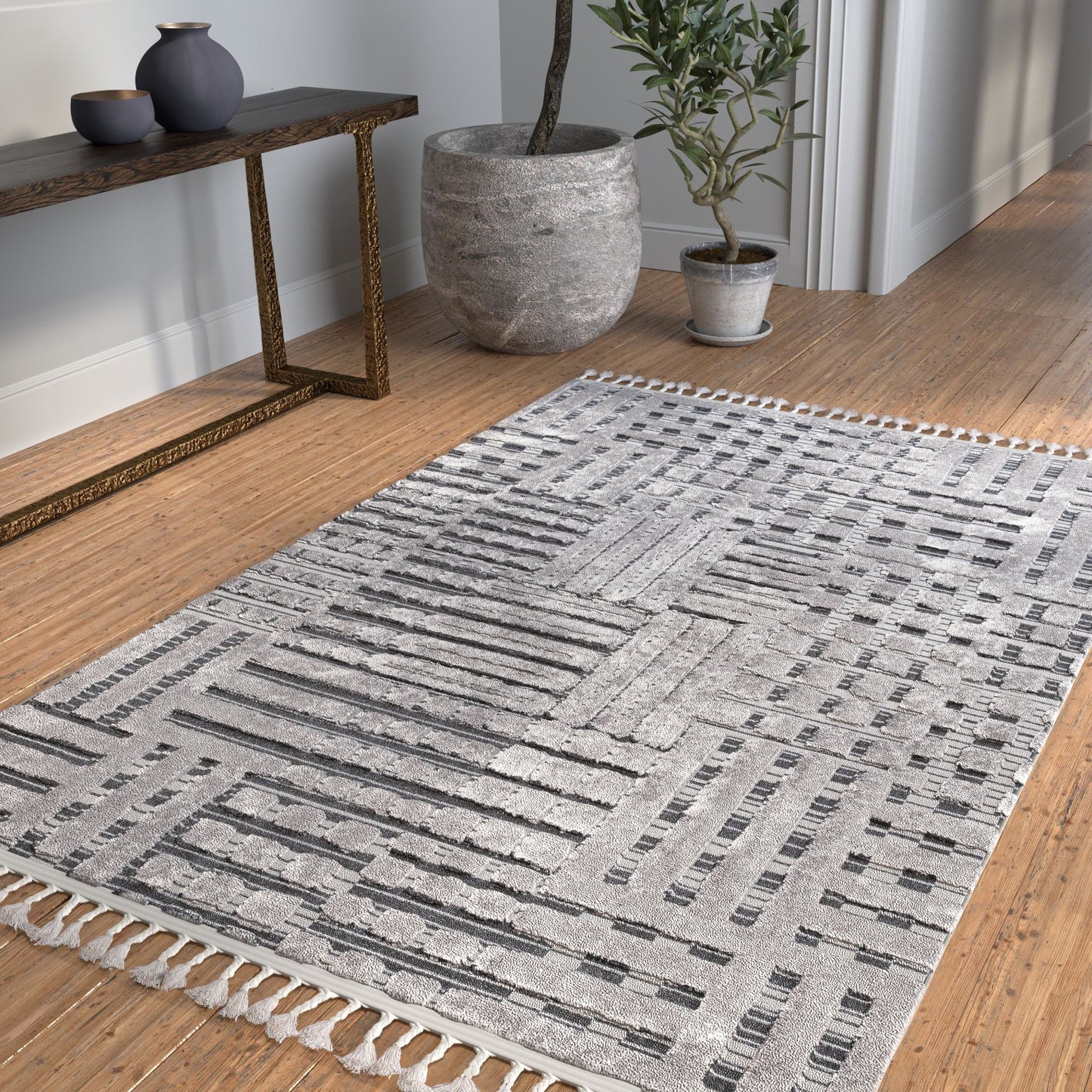 Graphics Gray and Beige Polyester Area Rug 8x10